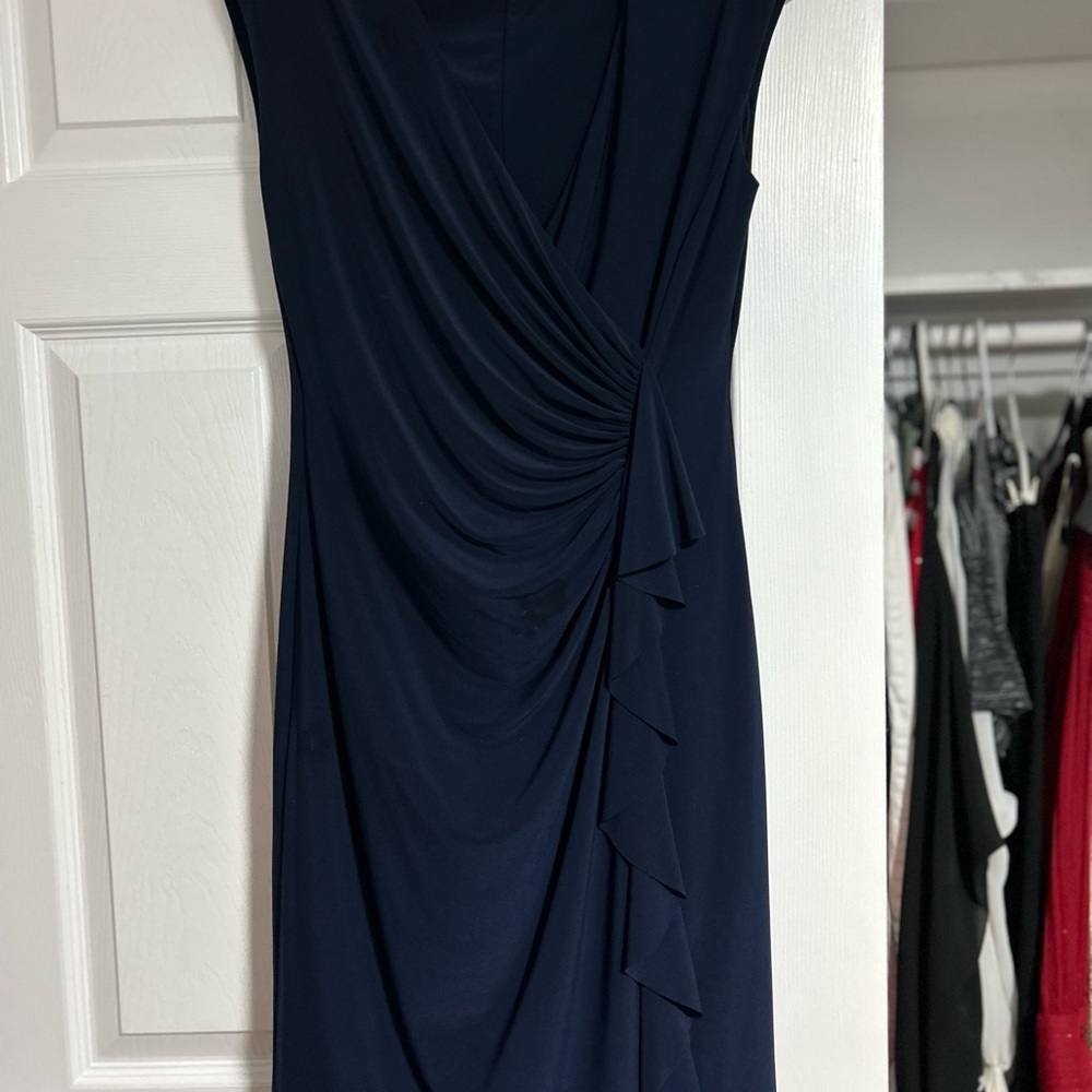 Evan Picone Navy Sleeveless Ruched Midi Dress